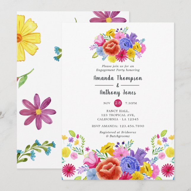 Invitación Fiesta de compromiso floral con acuarela (Anverso / Reverso)