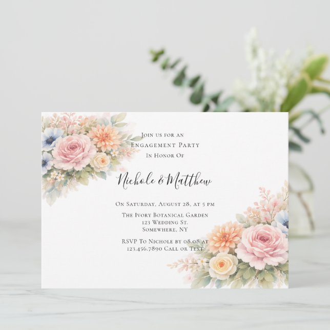 Invitación Fiesta de compromiso floral con acuarela suave (Anverso de pie)