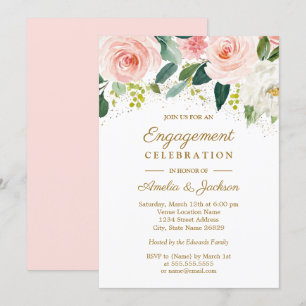 Invitación Fiesta de compromiso floral de acuarela dorada con