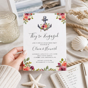 Invitación Fiesta de compromiso floral de ancla náutica