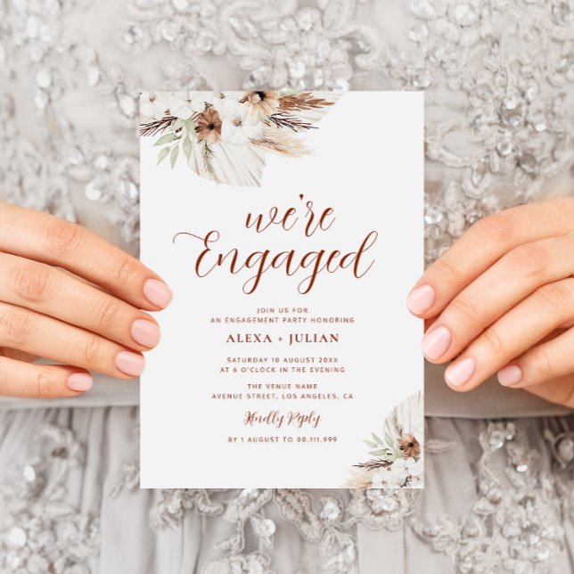 Invitación fiesta de compromiso floral de boho pampas terraco (Subido por el creador)