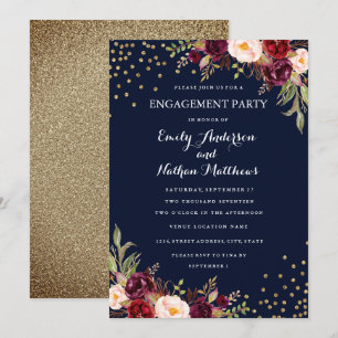 Invitación Fiesta de compromiso floral de confeti azul marino