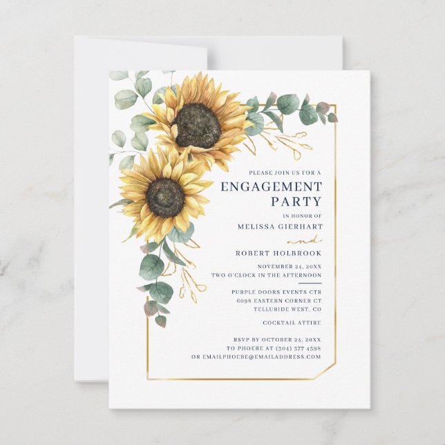 Invitación Fiesta de compromiso floral de eucalipto girasol (Anverso)