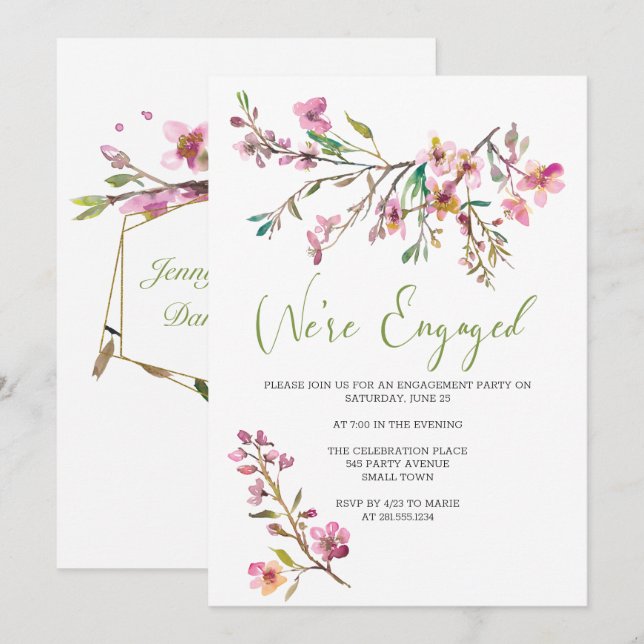 Invitación Fiesta de compromiso floral de flor de cerezo rosa (Anverso / Reverso)