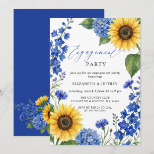 Invitación Fiesta de compromiso floral de girasoles azul real