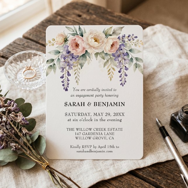 Invitación Fiesta de compromiso floral de lavanda rosa acuare (Subido por el creador)
