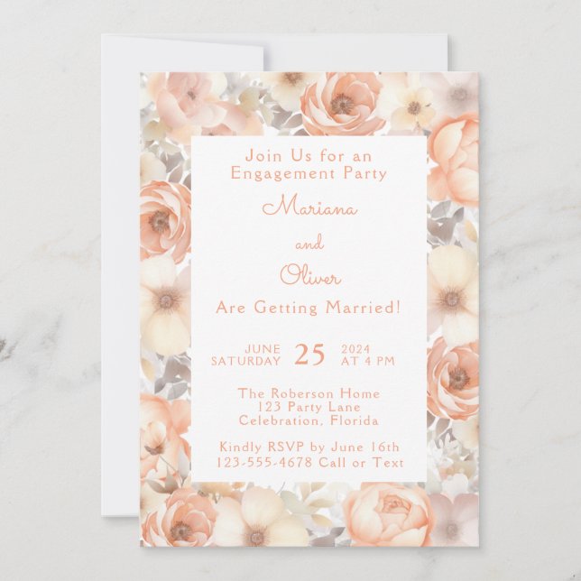 Invitación Fiesta de compromiso floral de melocotón elegante  (Anverso)