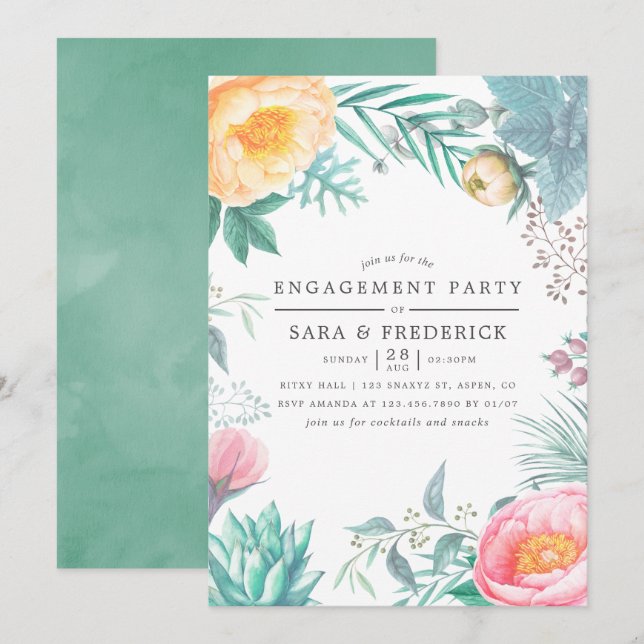 Invitación Fiesta de compromiso floral de menta tropical de v (Anverso / Reverso)