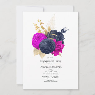 Invitación Fiesta de compromiso floral dorada y navy magenta
