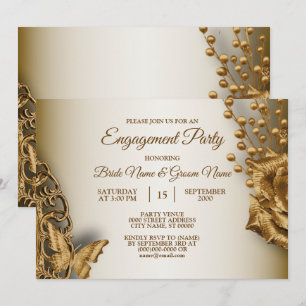 Invitación Fiesta de Compromiso Floral Dorado Mariposa Vintag