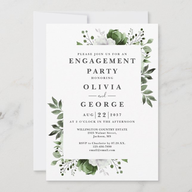 Invitación Fiesta de compromiso floral elegante verde oliva (Anverso)
