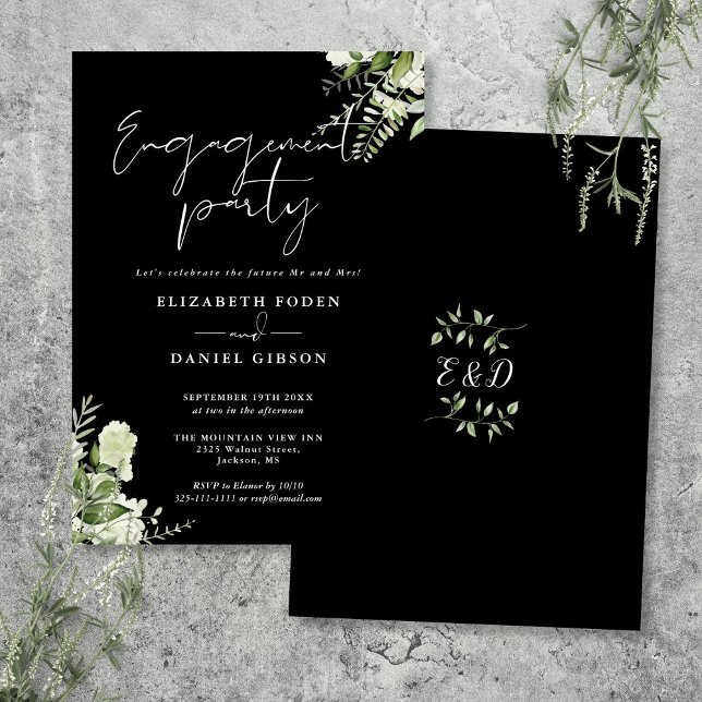 Invitación Fiesta de compromiso floral en blanco y negro (Floral Black And White Engagement Party Invitation)
