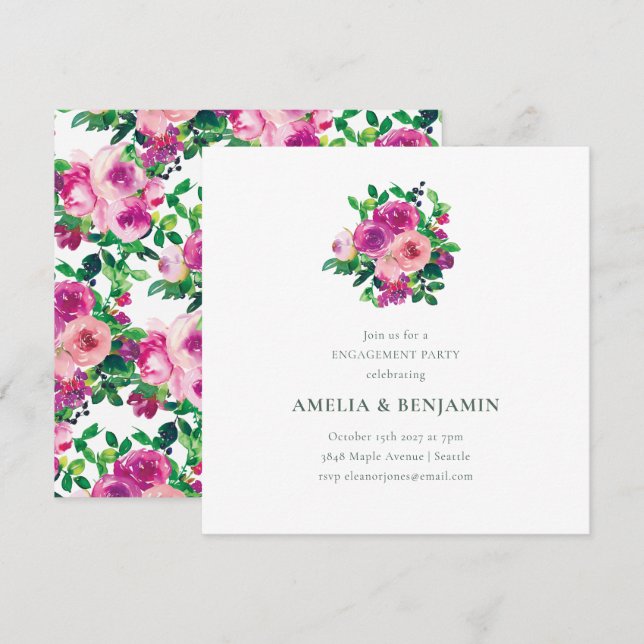 Invitación Fiesta de Compromiso Floral Frambuesa Rosa Magenta (Anverso / Reverso)