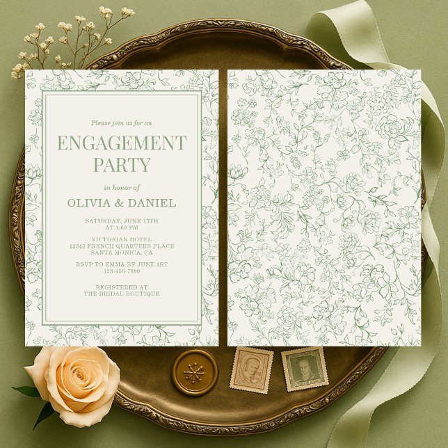 Invitación Fiesta de Compromiso Floral Francesa Verde Salvia  (Subido por el creador)