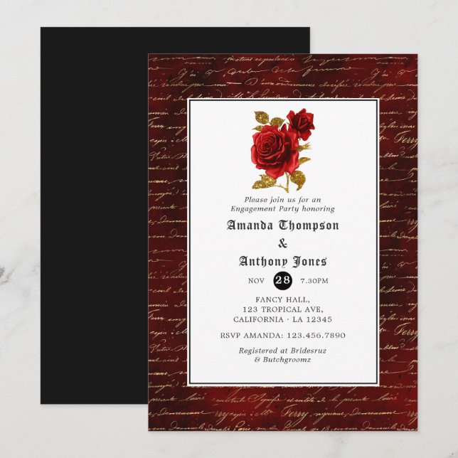Invitación Fiesta de compromiso floral gótica (Anverso / Reverso)
