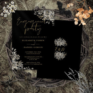 Invitación Fiesta de compromiso floral gótico negro y dorado