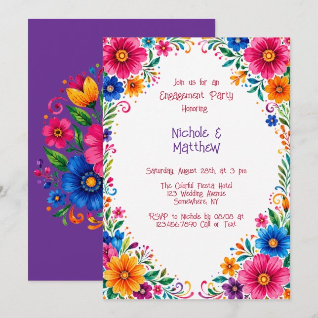 Invitación Fiesta de compromiso floral mexicana colorida (Anverso / Reverso)