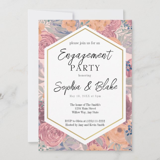 Invitación Fiesta de compromiso floral naranja y rosa tradici (Anverso)
