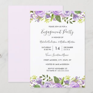 Invitación Fiesta de Compromiso Floral Púrpura con Acuarela E