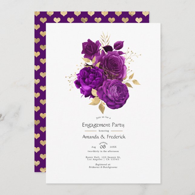 Invitación Fiesta de compromiso floral púrpura y dorado (Anverso / Reverso)