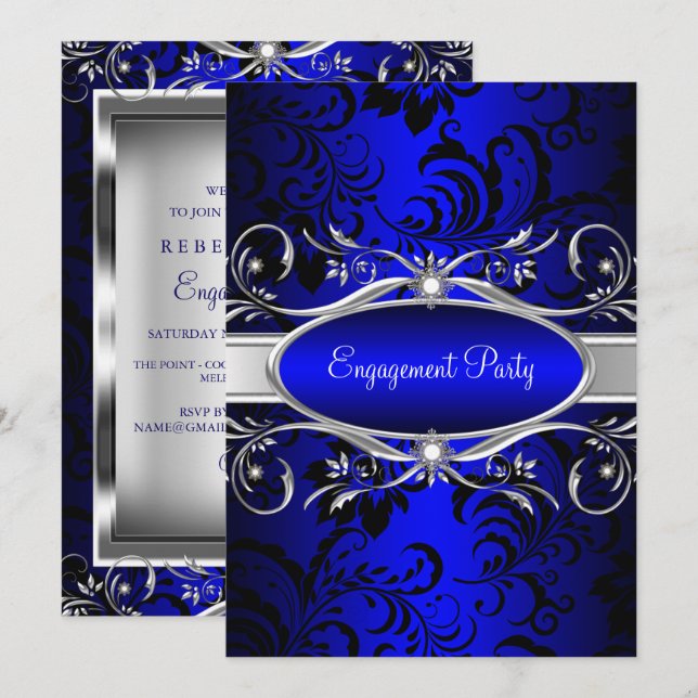 Invitación Fiesta de Compromiso Floral Remolino Azul Plateado (Anverso / Reverso)