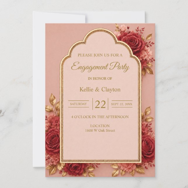 Invitación Fiesta de compromiso floral roja y dorada (Anverso)