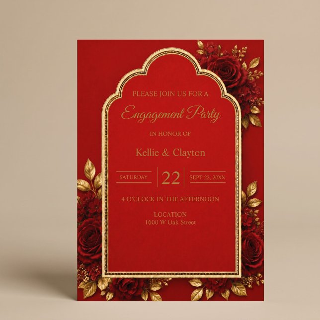 Invitación Fiesta de Compromiso Floral Rojo y Dorado (Subido por el creador)