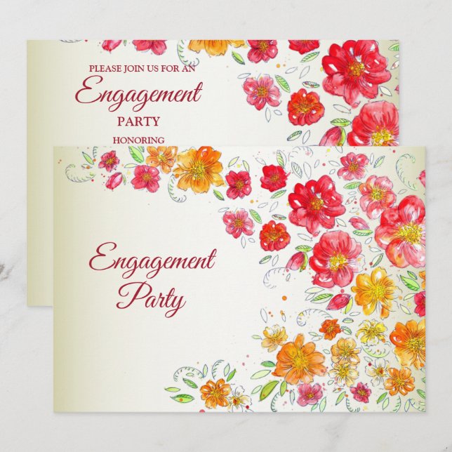 Invitación Fiesta de compromiso floral rosa amarillo rojo col (Anverso / Reverso)