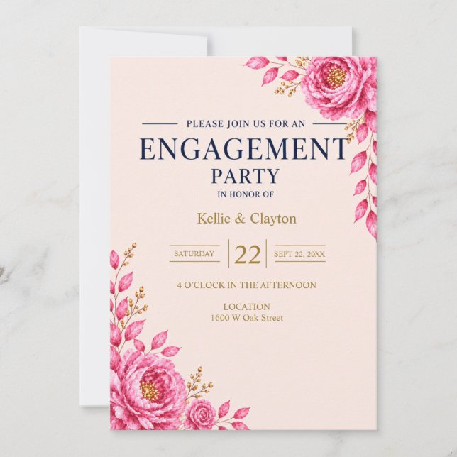 Invitación Fiesta de Compromiso Floral Rosa Elegante (Anverso)