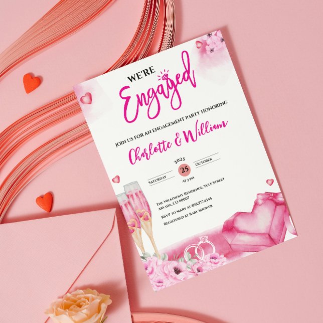 Invitación Fiesta de compromiso floral rosa romántico Comprom (romantic engagement party invitations we're engaged modern elegant floral engaged couple watercolor )
