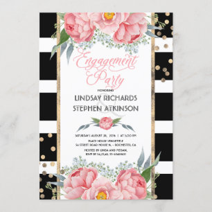 Invitación Fiesta de compromiso floral rosada Stripes Gold Co