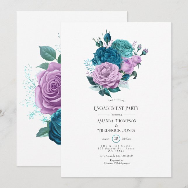 Invitación Fiesta de compromiso floral turquesa y lavanda (Anverso / Reverso)