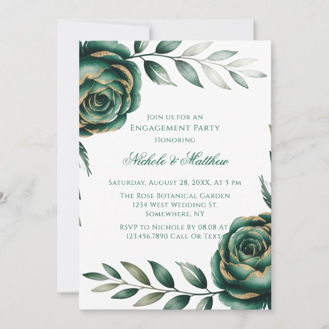 Invitación Fiesta de Compromiso Floral Verde Esmeralda y Dora (Anverso)