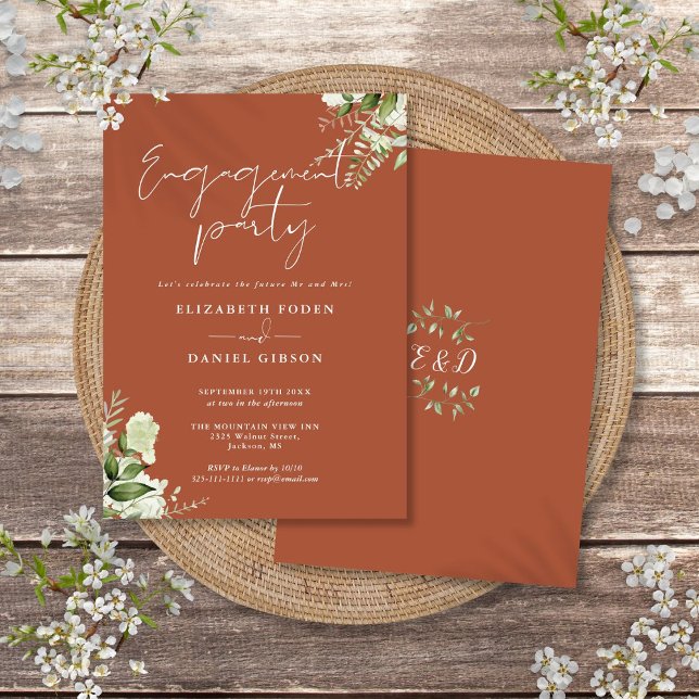 Invitación Fiesta de compromiso Floral Verdor Terracota (Floral Greenery Terracotta Engagement Party Invitation)