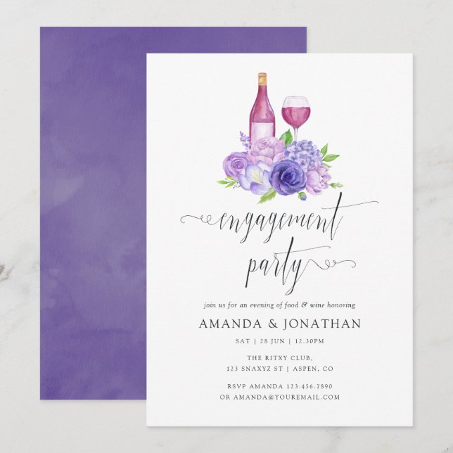 Invitación Fiesta de compromiso floral violeta ultra degustac (Anverso / Reverso)