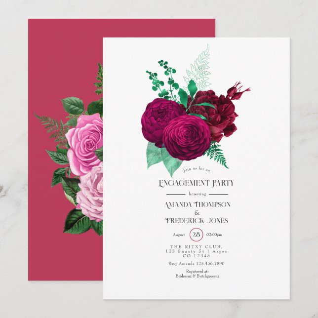 Invitación Fiesta de compromiso floral Viva Magenta (Anverso / Reverso)