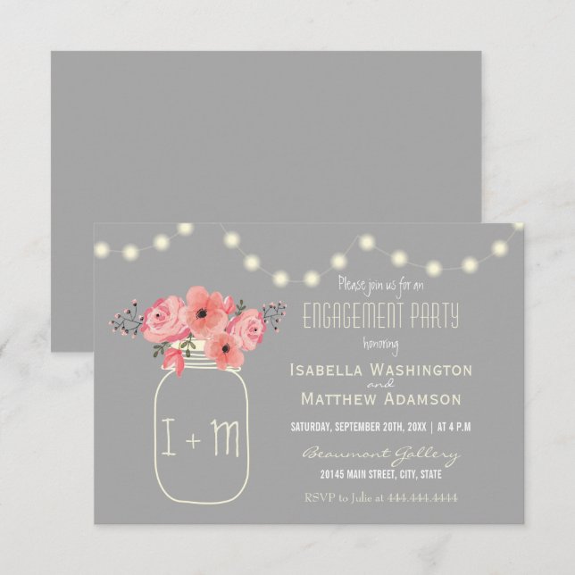 Invitación Fiesta de compromiso | Flores acuáticas y Mason Ja (Anverso / Reverso)