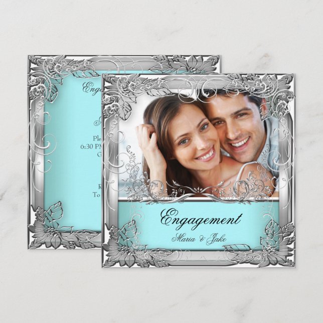Invitación Fiesta de Compromiso Foto Azul Teal Blanco Plata (Anverso / Reverso)
