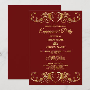 Invitación Fiesta de Compromiso Geométrica Dorada Roja Elegan