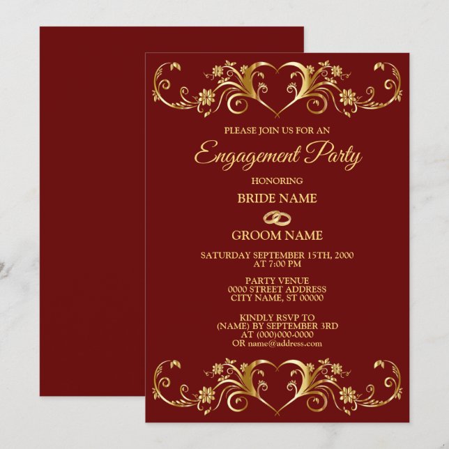 Invitación Fiesta de Compromiso Geométrica Dorada Roja Elegan (Anverso / Reverso)