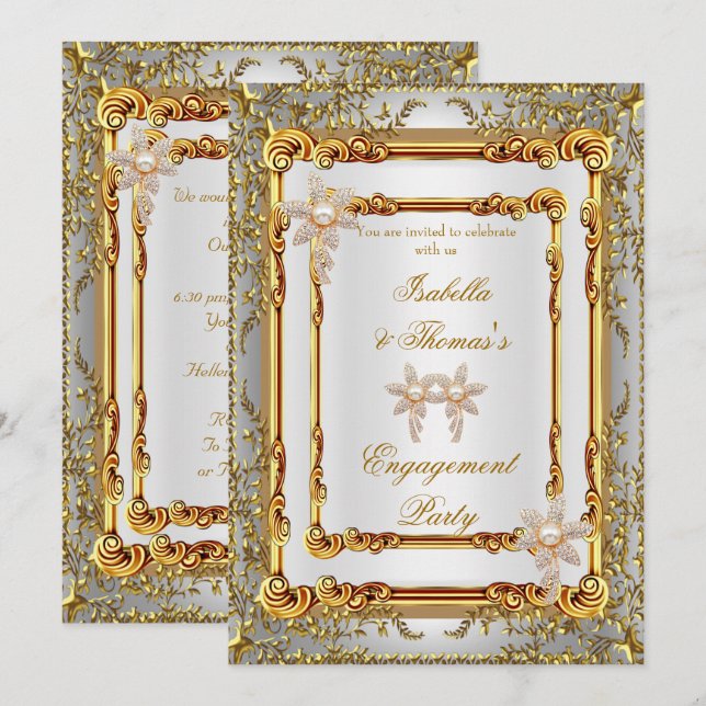 Invitación Fiesta de Compromiso Gold Blanco Damask Flores (Anverso / Reverso)