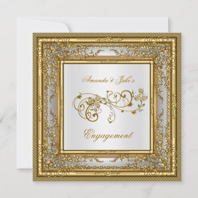 Invitación Fiesta de compromiso Gold White Damask Floral (Anverso)
