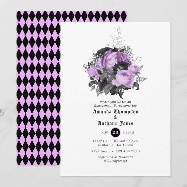 Invitación Fiesta de compromiso gótica negra, morada y platea (Anverso / Reverso)