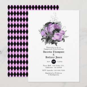 Invitación Fiesta de compromiso gótica negra, morada y platea