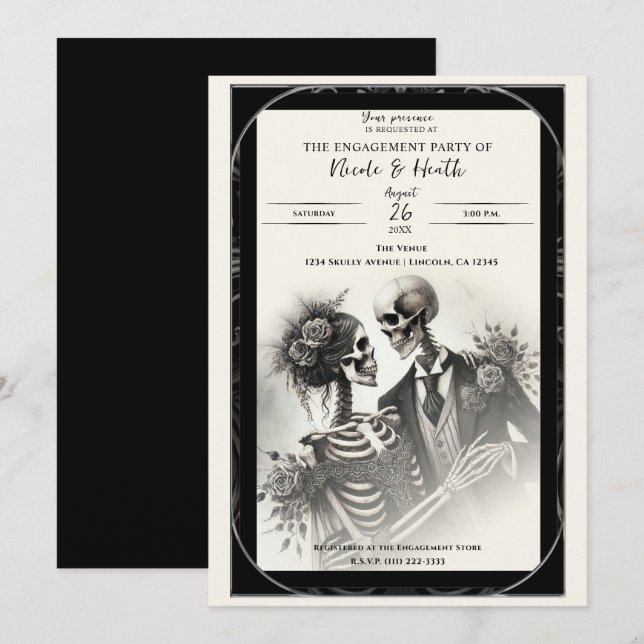 Invitación Fiesta de compromiso gótica romántica de esqueleto (Anverso / Reverso)