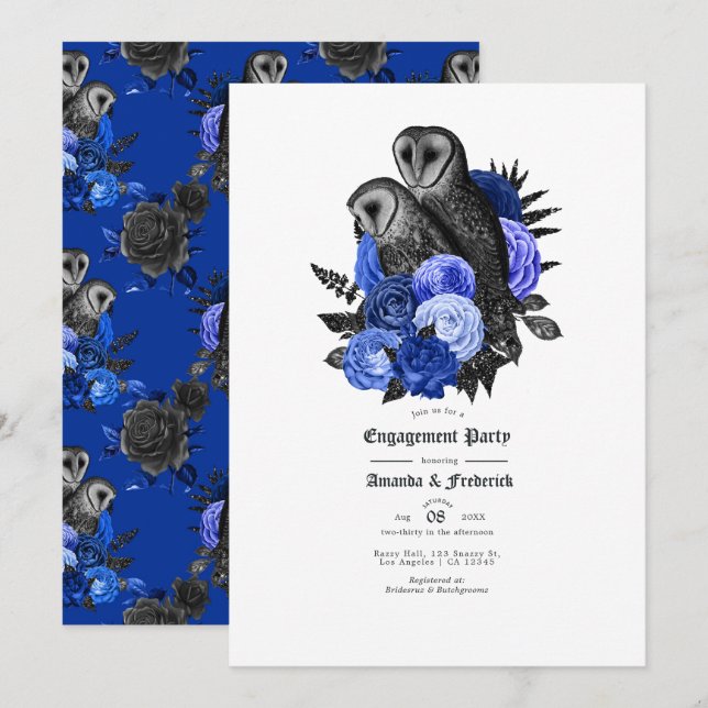 Invitación Fiesta de compromiso gótico de búhos azul real vin (Anverso / Reverso)