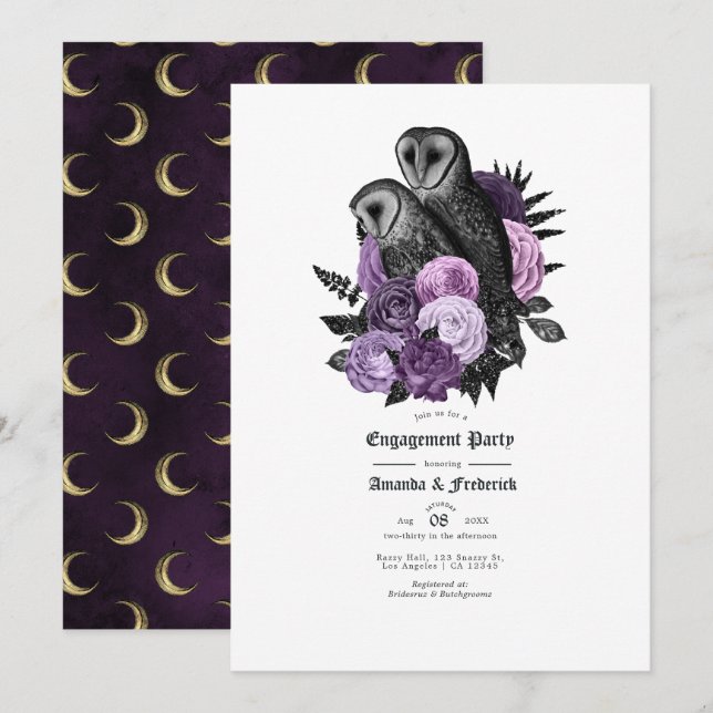 Invitación Fiesta de compromiso gótico de búhos púrpura glamo (Anverso / Reverso)