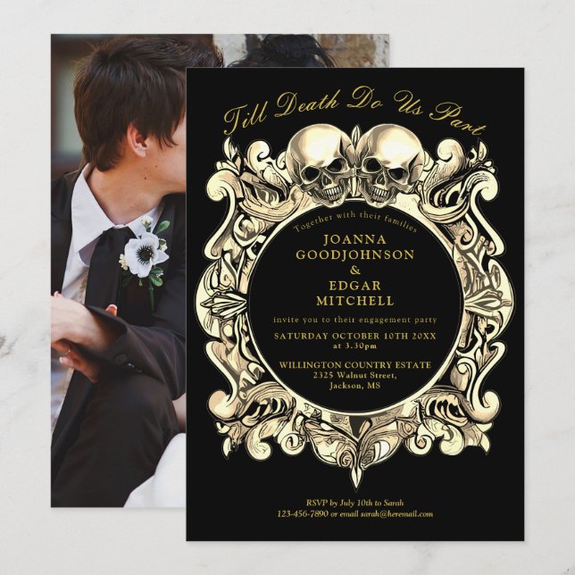 Invitación Fiesta de compromiso gótico de negro y dorado (Anverso / Reverso)