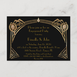Invitación Fiesta de compromiso, gran Gatsby, art déco, negro