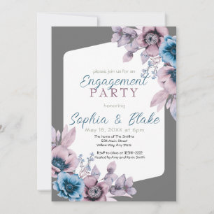 Invitación Fiesta de compromiso gris floral azul y púrpura